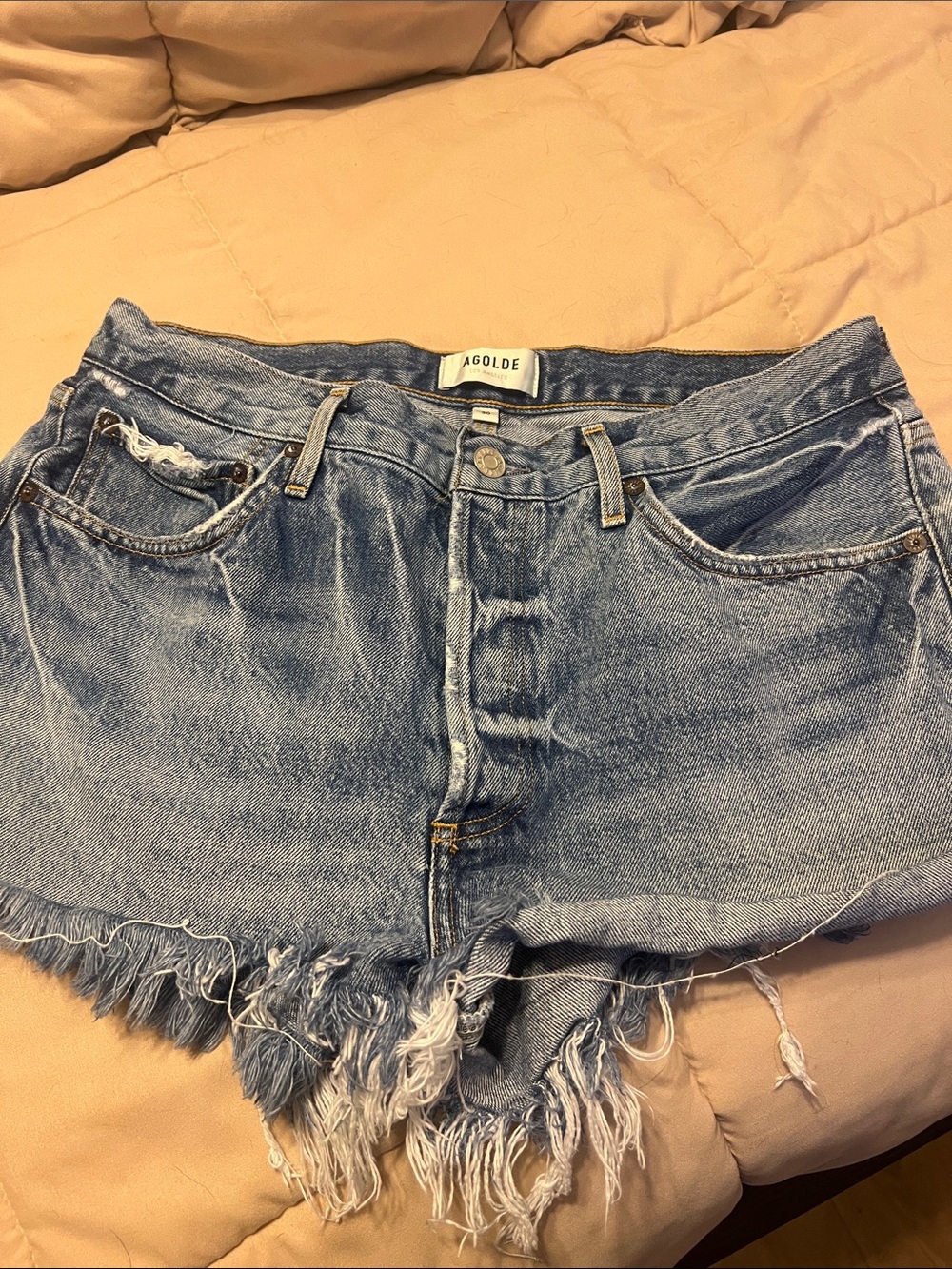 AGOLDE Light Blue Frayed Hem Denim Cutoff Shorts